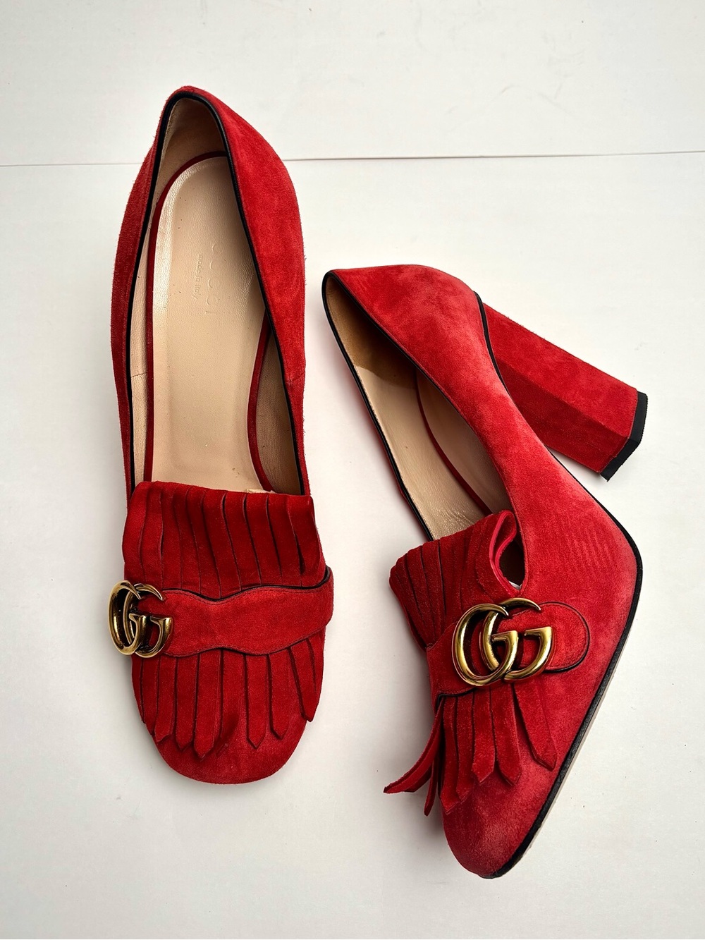 Gucci Marmont Fringe Suede Loafers Heels Red Block Heel EU 4